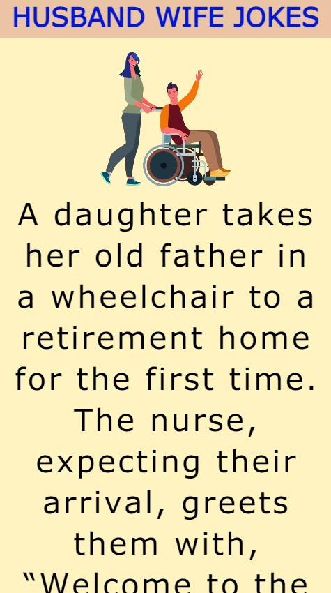 A daughter takes her old father in a wheelchair