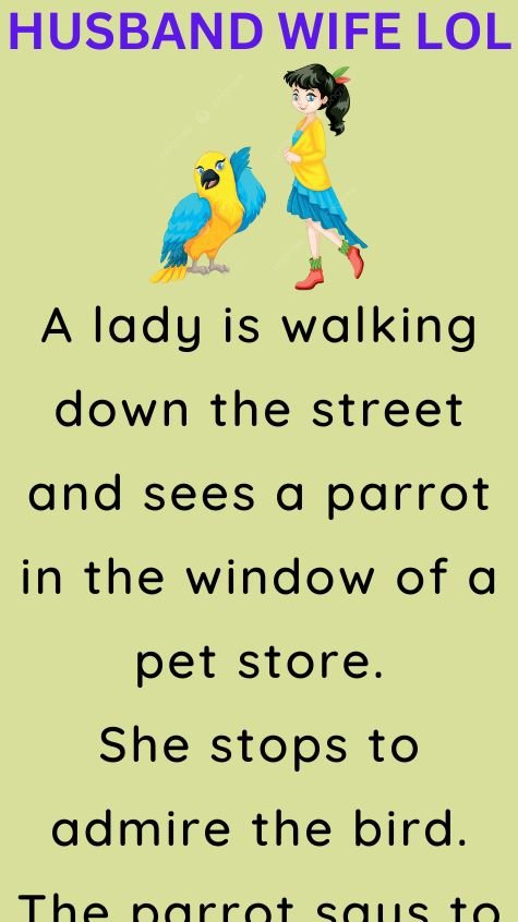A lady is walking down the street and sees a parrot