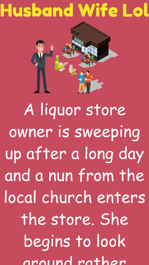 A liquor store owner is sweeping up