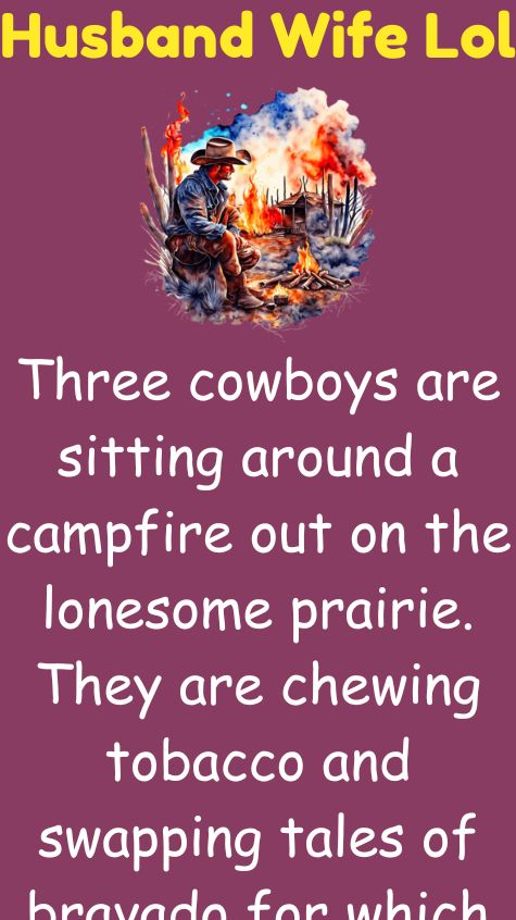 Three cowboys are sitting around a campfire